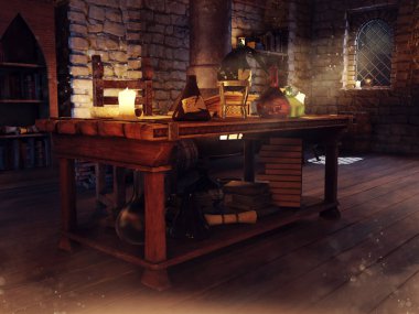 Fantasy alchemist's room with a table with potions, candles, and magic scrolls. 3D render.