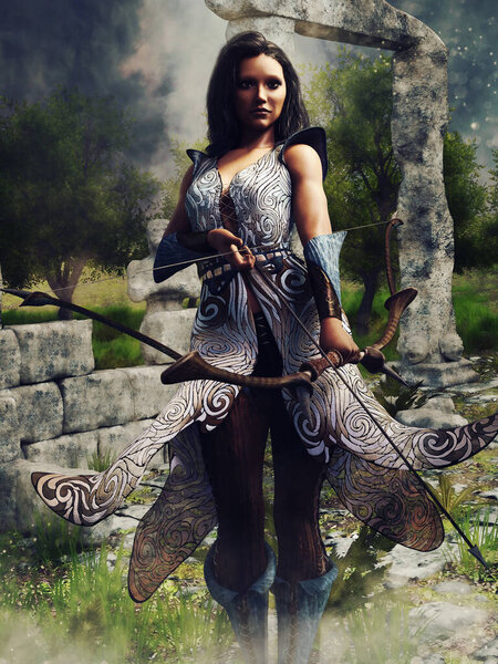 Fantasy woman archer standing with a bow in front of a ruined temple in the forest. 3D render.