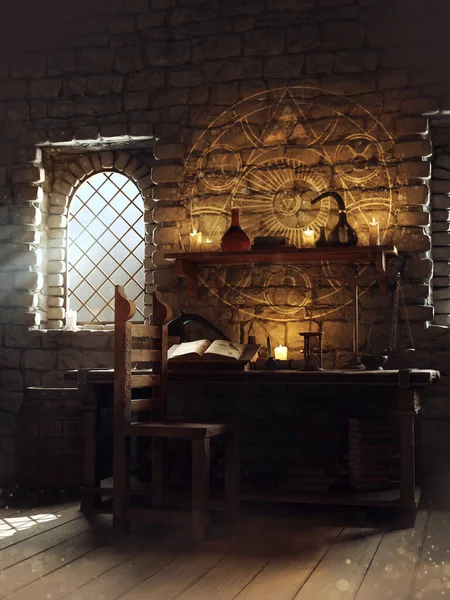 Fantasy Scene Desk Magic Book Alchemical Symbol Wall Alchemist Tools — Fotografie, imagine de stoc