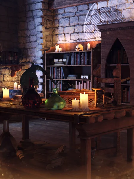 Fantasy Alchemical Laboratory Candles Books Magic Potions Skull Render — 图库照片