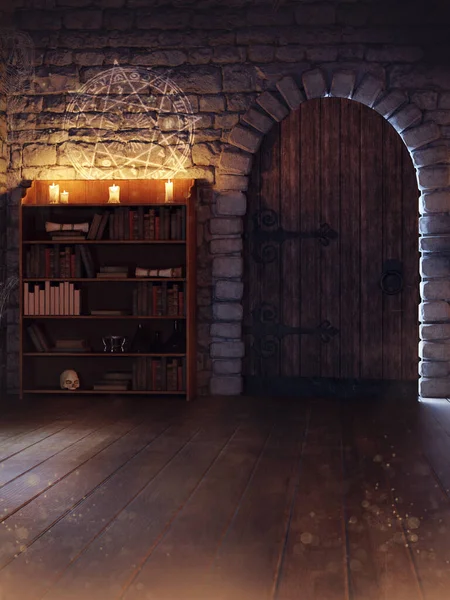 Fantasy Room Bookshelf Candles Wooden Door Magical Symbol Render — Stok fotoğraf