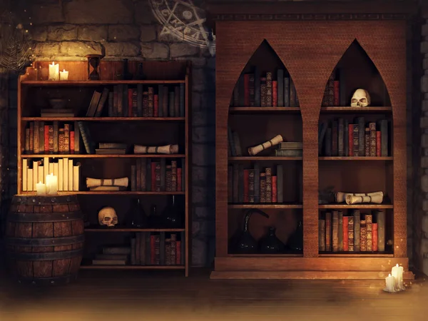 Fantasy Magical Library Books Scrolls Candles Skulls Night Render — Foto de Stock