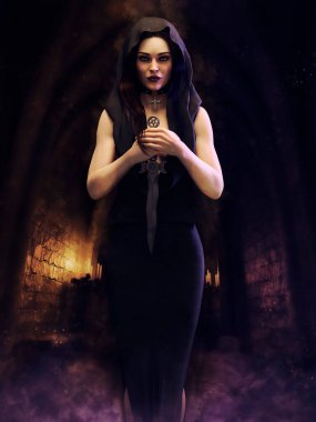 Gothic priestess standing in a dungeon of a castle, holding a dagger in her hands. 3D render.