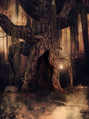 Yeraltı dünyasına girişi olan yaşlı bir ağacın olduğu gece sahnesi, dışarıda bir lambayla. 3 Boyutlu Hazırlama.