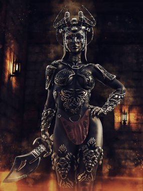 Eski bir zindanda duran, siyah zırhlı ve kasklı, fantezi savaşçısı kadın. 3 Boyutlu Hazırlama.