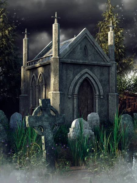 Nachtszene Mit Dunkler Kapelle Auf Einem Alten Friedhof Mit Grabsteinen — Stockfoto