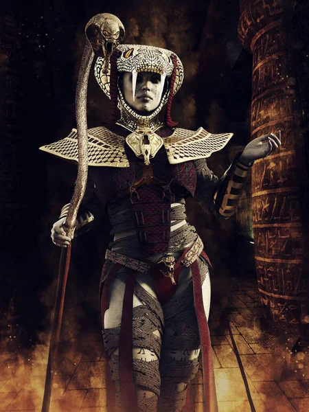 蛇の杖を持って寺院に立っているアンデッド古代エジプトの聖職者とファンタジーシーン 3Dレンダリング — ストック写真