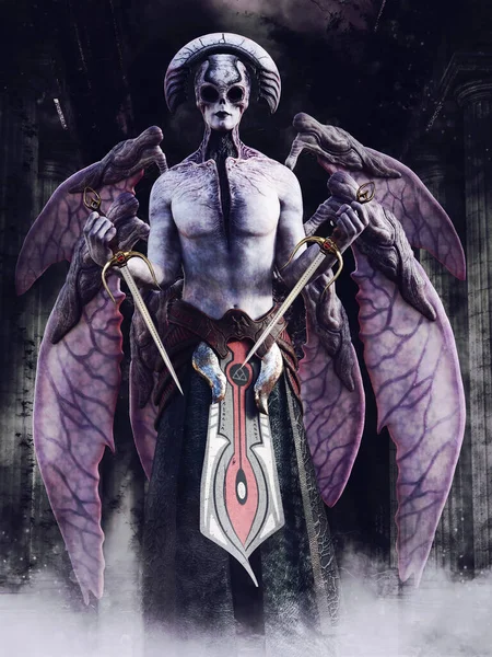 Horror Scene Demonic Angel Bat Wings Holding Two Daggers His — Stock Photo, Image