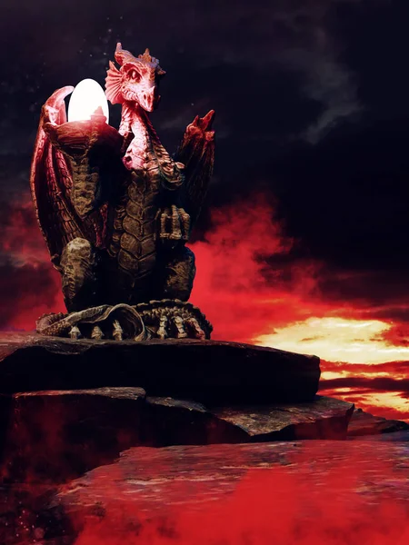 Σκοτεινή Σκηνή Ένα Κόκκινο Ηλιοβασίλεμα Και Ένα Άγαλμα Δράκου Μια — Φωτογραφία Αρχείου