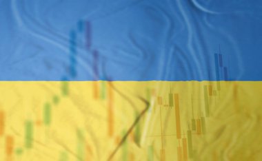 Ukrayna 'da savaş. Ukrayna bayrağı ve borsa çizelgesi. Ukrayna 'daki borsa düşüşü, mali kriz