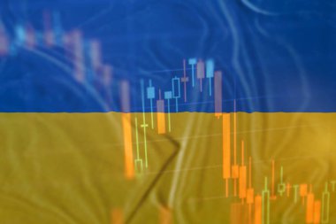 Ukrayna 'da savaş. Ukrayna bayrağı ve borsa çizelgesi. Ukrayna 'daki borsa düşüşü, mali kriz