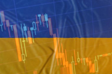 Ukrayna 'da savaş. Ukrayna bayrağı ve borsa çizelgesi. Ukrayna 'daki borsa düşüşü, mali kriz