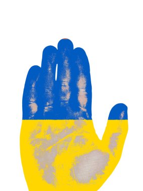 Ukrayna bayrağı renkleriyle boyanmış insan eli. Ukrayna 'da savaş. Savaşı ve vatanseverliği durdurun, Ukrayna 'da barış