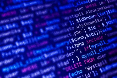 PHP dili web programlama kaynak kodu. Soyut kod arkaplanı. Arka uç programlama, yazılım geliştirme kavramı