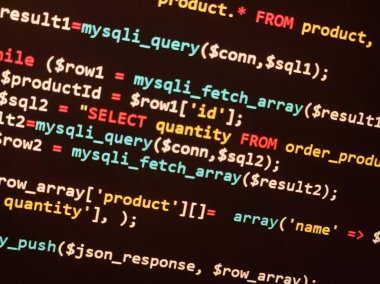 Kodlama kaynağı PHP kod ekranı. Soyut teknoloji geçmişi. Siber saldırı ya da güvenlik konsepti. Hacker izleme programı. Yazılım geliştirme