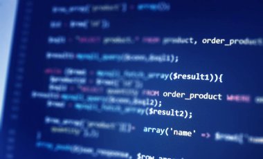 Yazılım geliştirme monitörü ekran arka planı. Kaynak kodlu geliştirici görüntüsü. Konsept kalıbı programlanıyor
