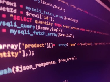 PHP ekran kodu. Geliştirme monitörü. Programlama kavramı arkaplan, veritabanı sistemleri
