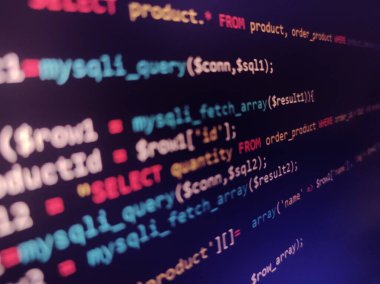 Kodlama kaynağı PHP kod ekranı. Soyut teknoloji geçmişi. Siber saldırı ya da güvenlik konsepti. Hacker izleme programı. Yazılım geliştirme