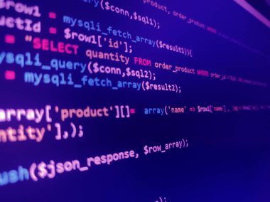 Kodlama kaynağı PHP kod ekranı. Soyut teknoloji geçmişi. Siber saldırı ya da güvenlik konsepti. Hacker izleme programı. Yazılım geliştirme