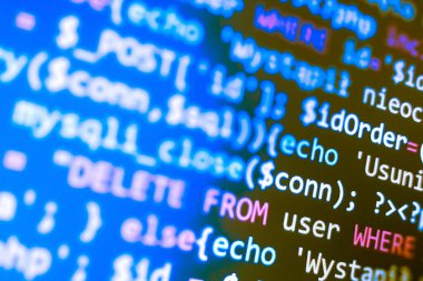 PHP dili web programlama kaynak kodu. Soyut kod arkaplanı. Arka uç programlama, yazılım geliştirme kavramı