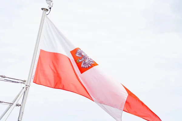 波兰国旗在城市 爱国主义的概念 风中飘扬的旗帜华沙的示范概念 — 图库照片