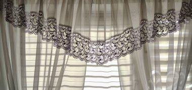 window in the morning in bedroom at home. Indoor luxury textile background