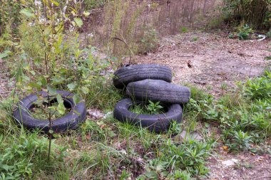 Varşova Polonya; 2 Ekim 2022: Doğada kalan eski lastikler
