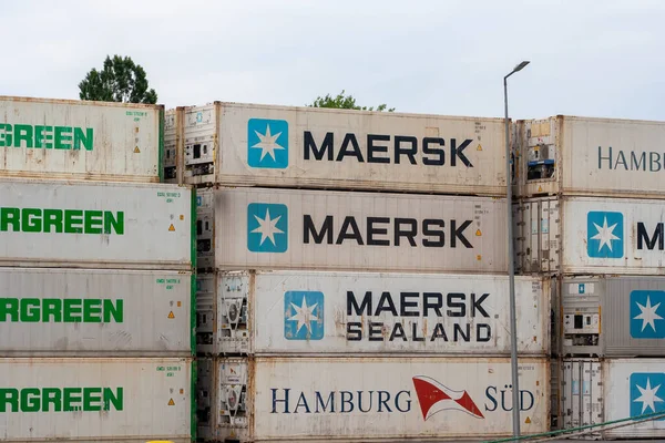 Gdansk Pologne Juillet 2022 Marque Conteneurs Expédition Maersk Attend Chargement — Photo