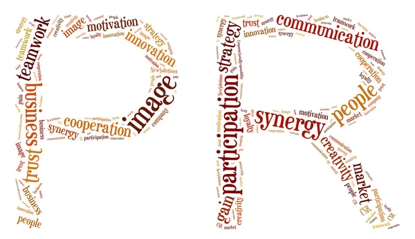 Tag or word cloud public relations related in shape of PR — Stock Photo, Image