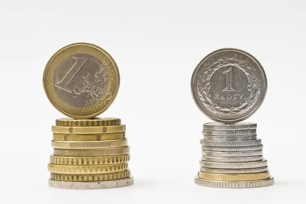 Stack of money euro and zloty coins. Currency rate comparison — Stock Photo, Image