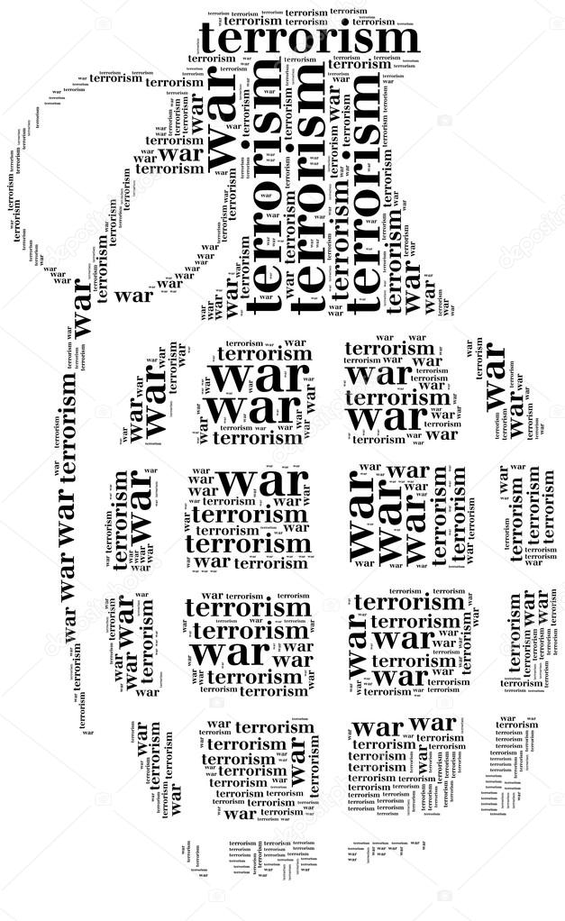 Tag or word cloud war or terrorism related in shape of grenade