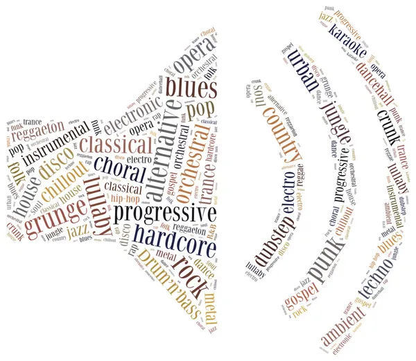 Kelime bulutu genel kavram-in müzik türleri — Stok fotoğraf
