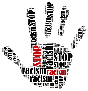 Word cloud illustration in shape of hand print showing protest. clipart