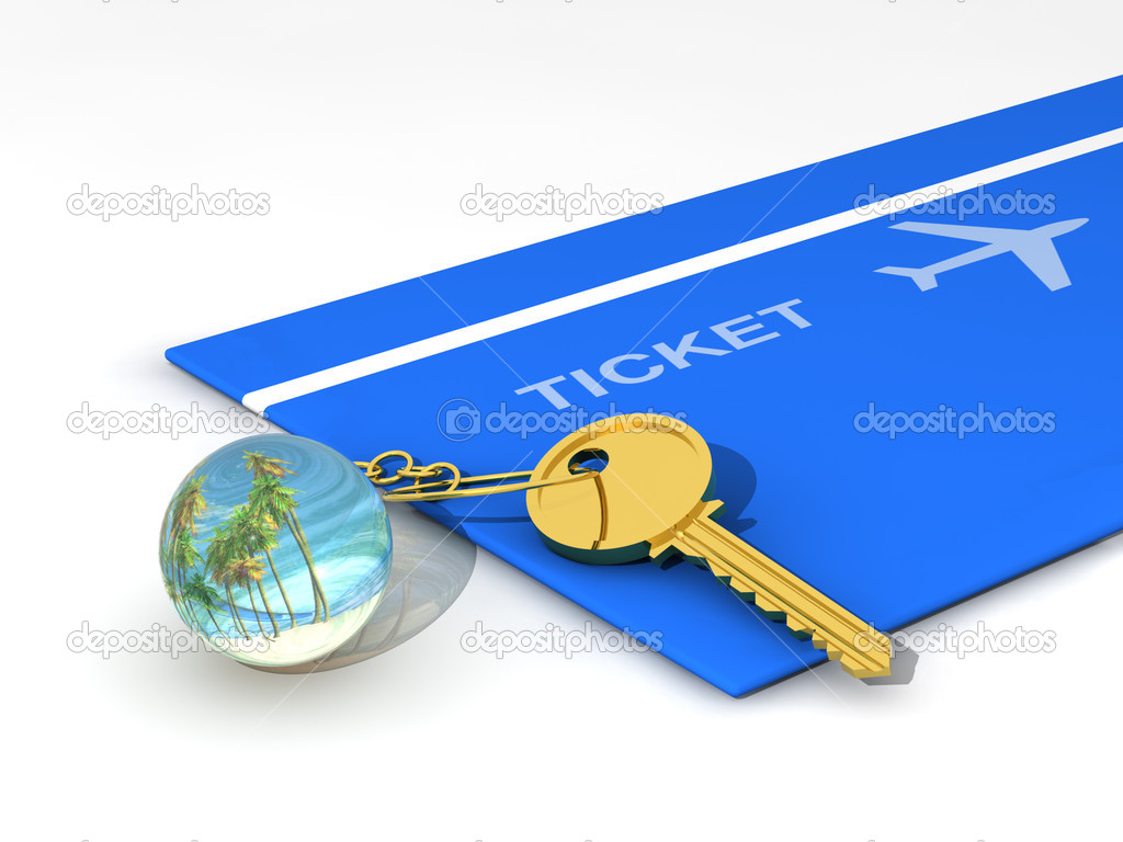 Key-chain, key and travel ticket
