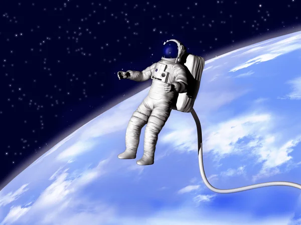 Astronaut tegen het avond landschap. — Stockfoto