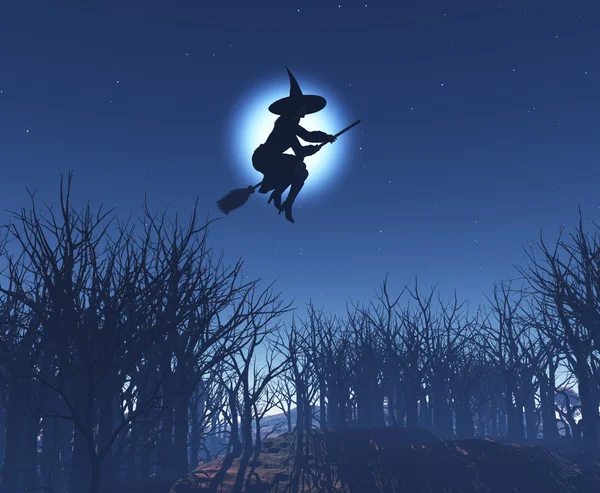 Hexe fliegt auf ihrem Besen — Stockfoto