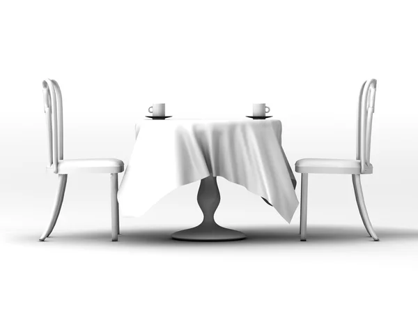 Tafel, stoelen en koffie mokken — Stockfoto