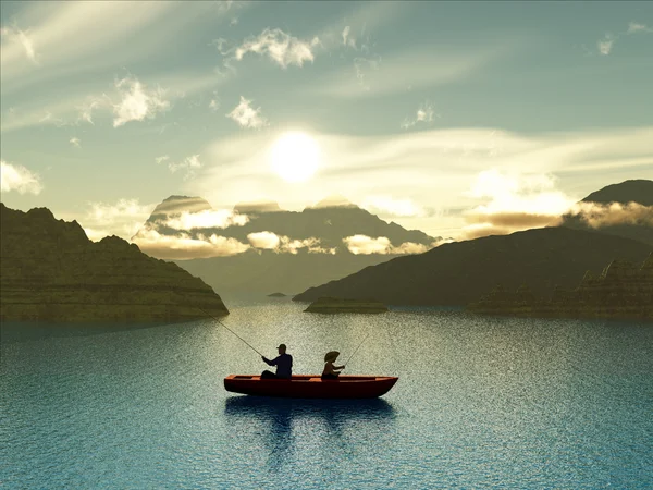 Homme et garçon pêchant dans un bateau — Photo