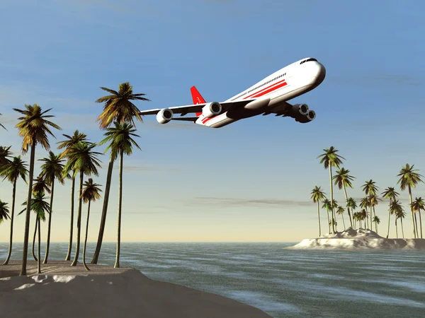 Trafikflygplan flyger över ett tropiskt område — Stockfoto