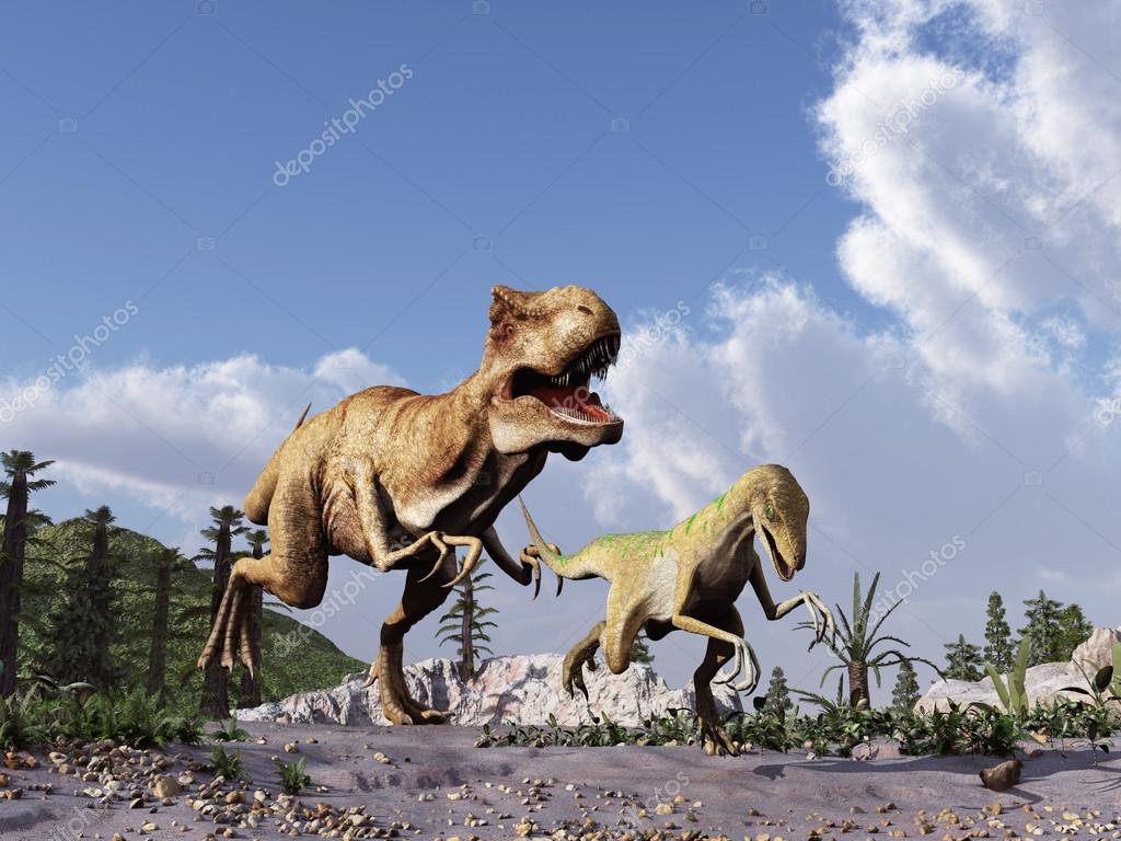 T-Rex Dinosaur, Tyrannosaurus Rex reptile running, prehistoric Jurassic  animal in deserted nature environment, 3D illustration Stock Illustration