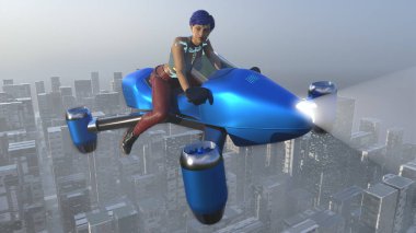  Uçan araç kullanan bir kadın.