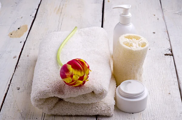 Towel and toiletries — Stock Photo, Image