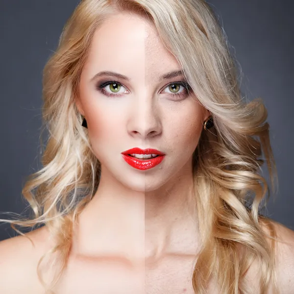 Retouch,face of beautiful young woman before and after retouch — Stock Photo, Image