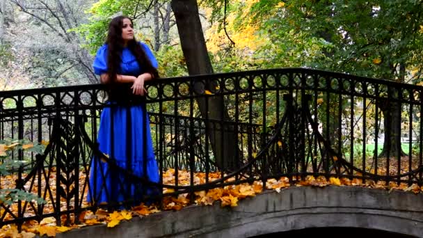 Wanita bergaun biru di taman musim gugur — Stok Video