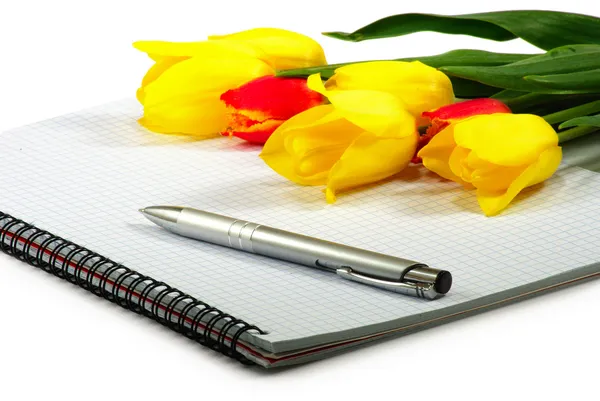 Caneta notebook e flores — Fotografia de Stock