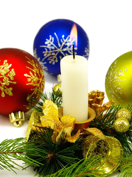 Isolated image of Christmas candles and Christmas balls on white background — Stock Photo, Image