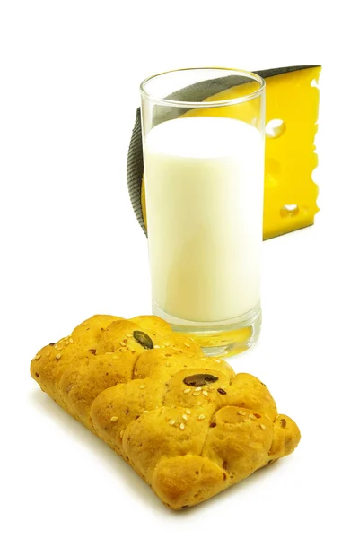 Isolated image of a glass of milk, cheese and cake — Stock Photo, Image