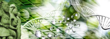 The image of the Polovtsian stone idols on the background of the abstract image of DNA chains