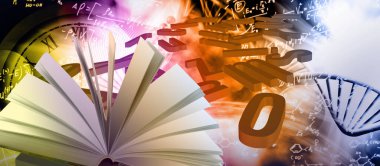 Biçimlendirilmiş DNA zincirlerinin soyut bir resminin arka planında açık bir kitap.