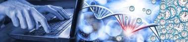 Eller bilgisayar klavyesinde. Klavyede elleri tasvir eden bir kolaj şeklinde biçimlendirilmiş bir DNA zincirinin soyut görüntüsü. Saatten yapılmış insan yüzü.